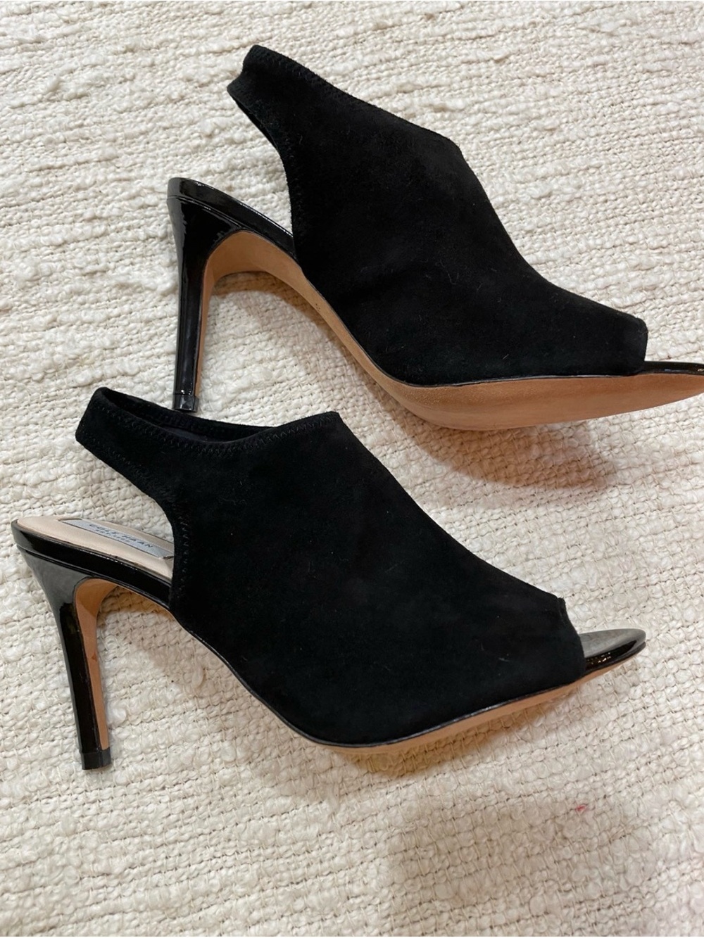 Cole Haan Black Suede Peep-Toe Slingback Heels with Patent Heel